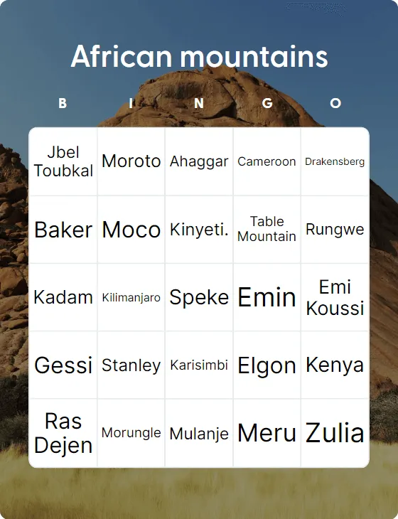 African mountains bingo card template