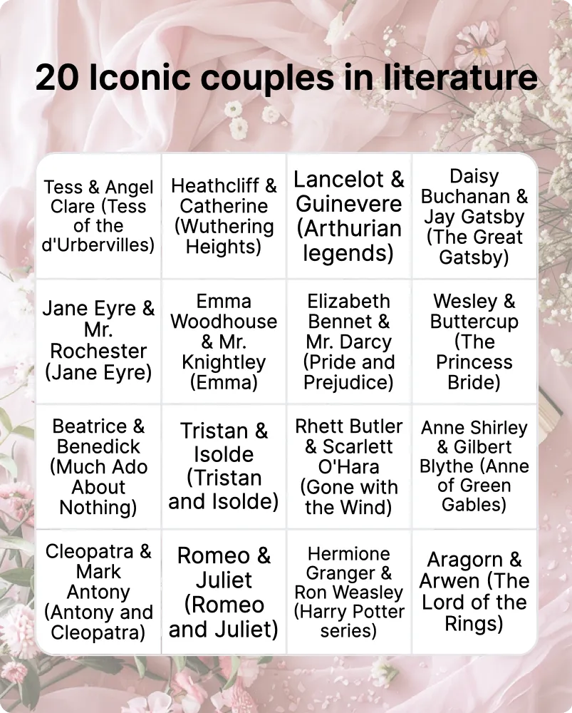 20 Iconic couples in literature bingo
