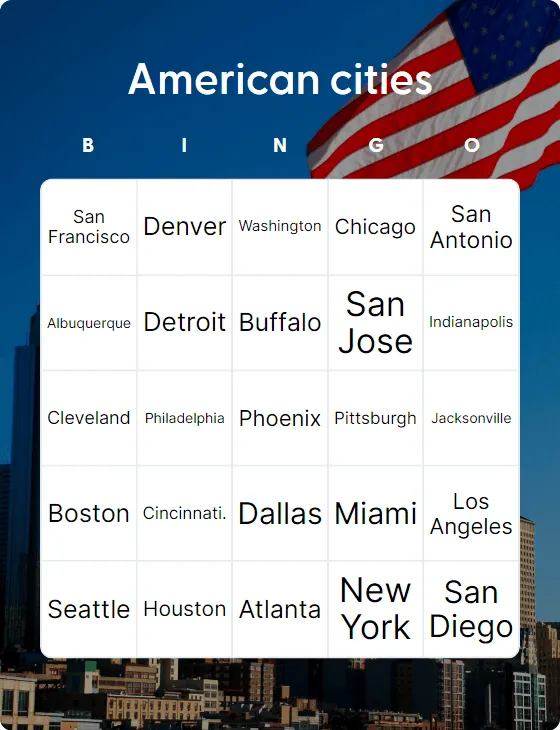 American cities bingo card template