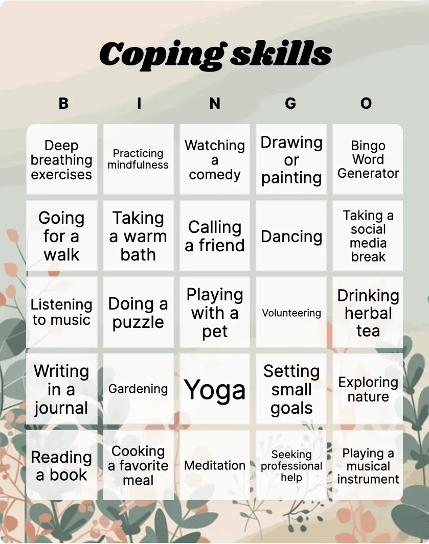 Coping skills bingo card template