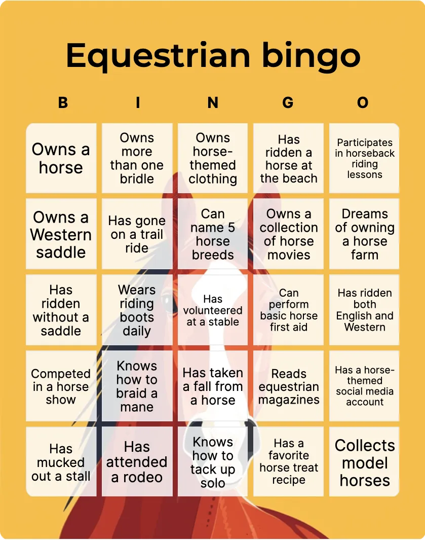 Equestrian bingo bingo card template