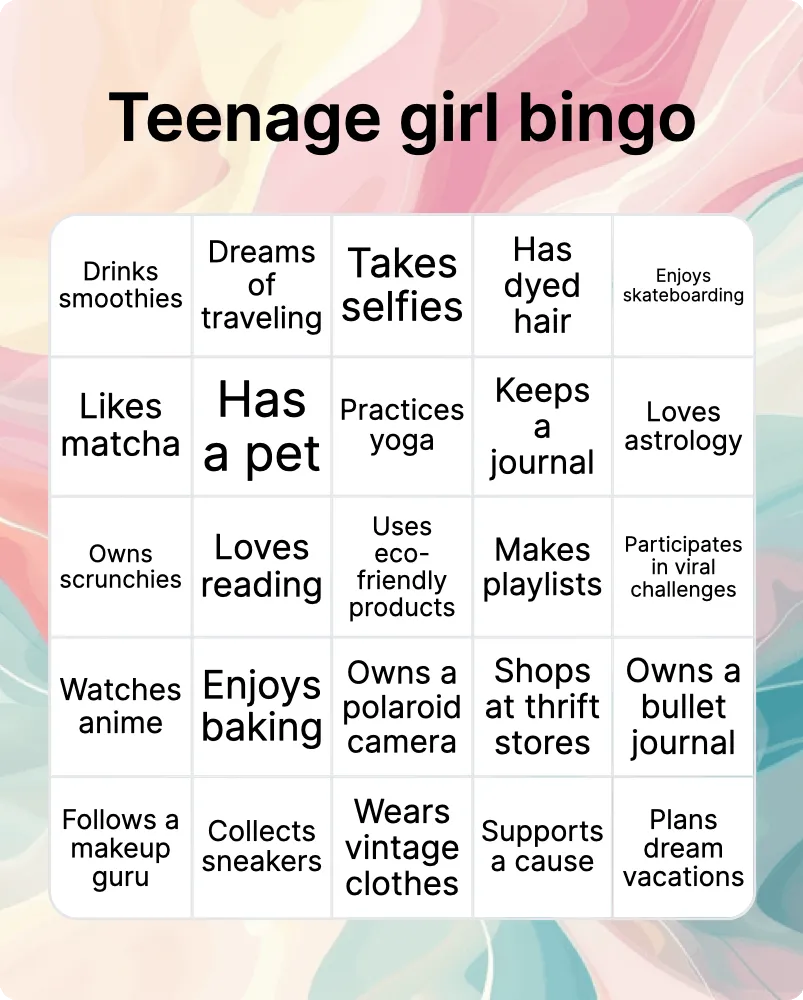 Teenage girl bingo
