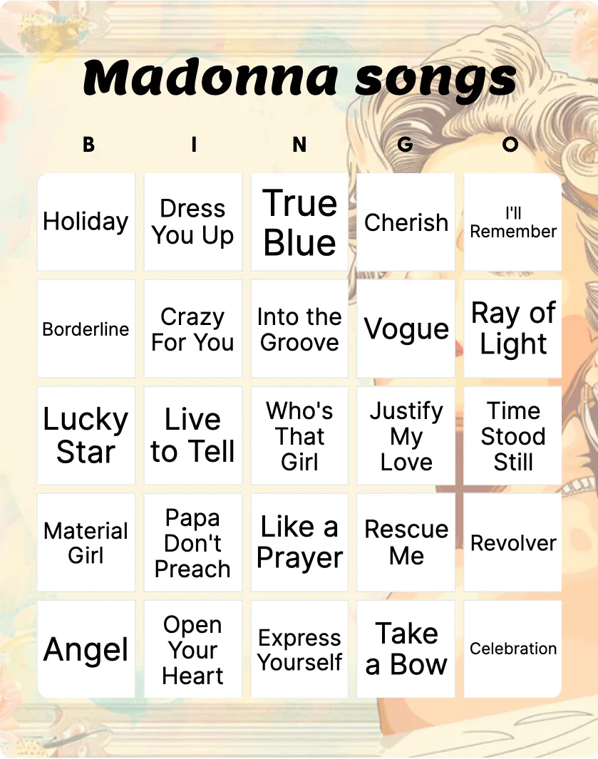Madonna songs bingo