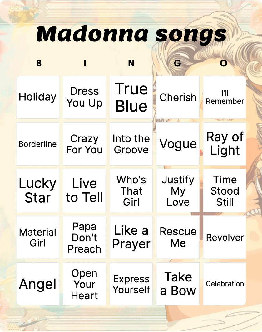 Madonna songs bingo card template