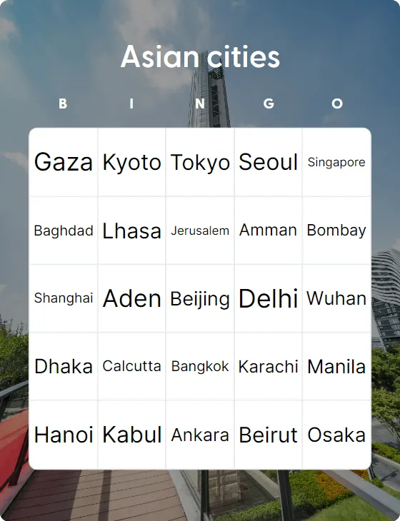 Asian cities bingo