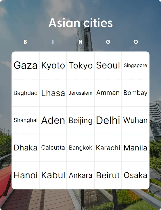 Asian cities bingo card template