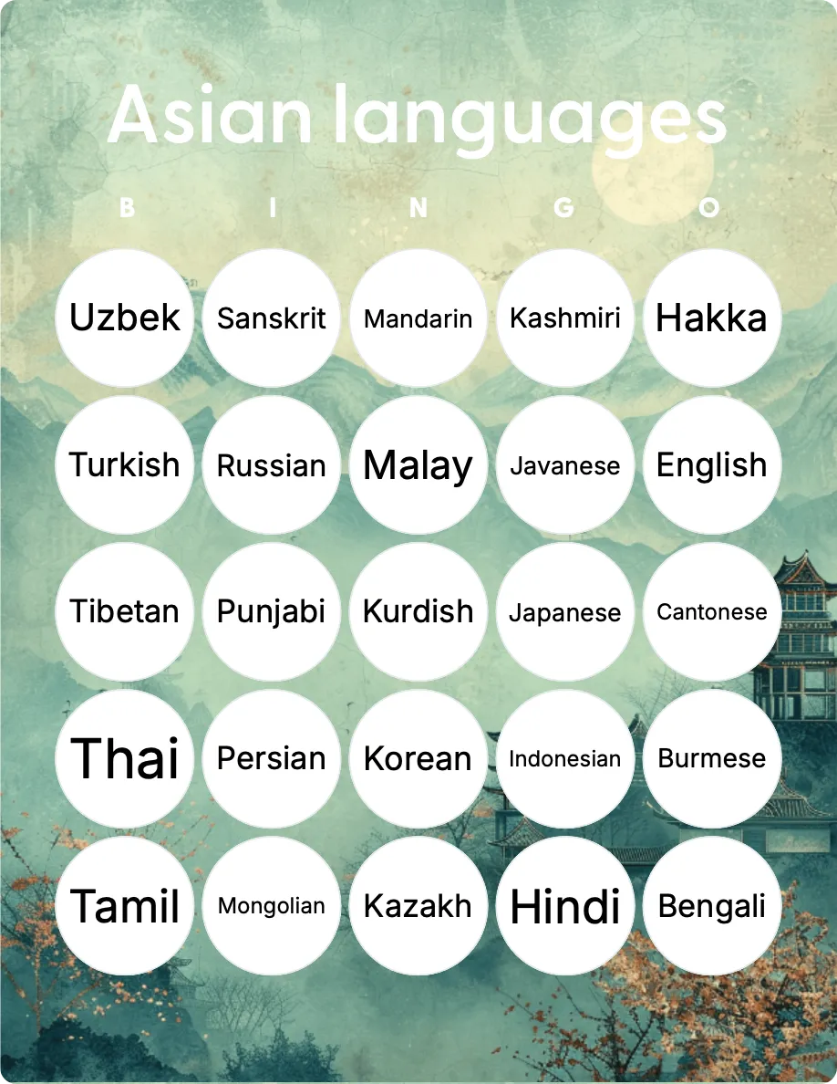 Asian languages bingo card template