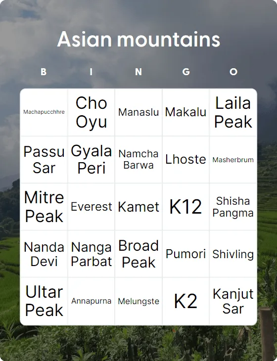 Asian mountains bingo