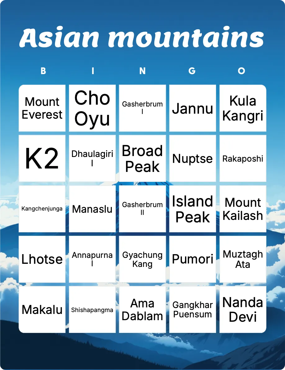 Asian mountains bingo card template