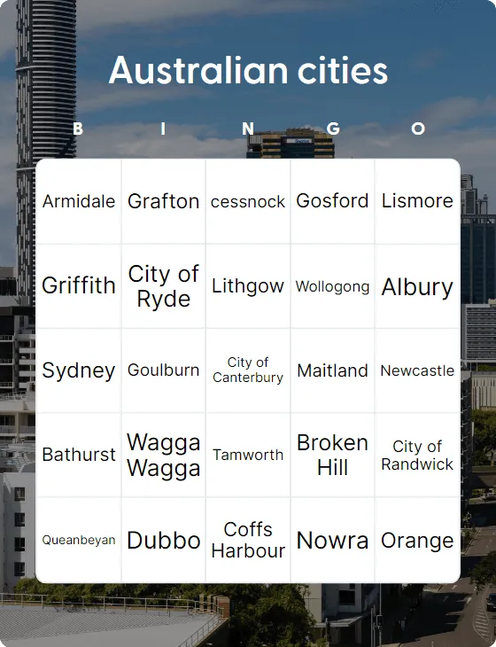 Australian cities bingo
