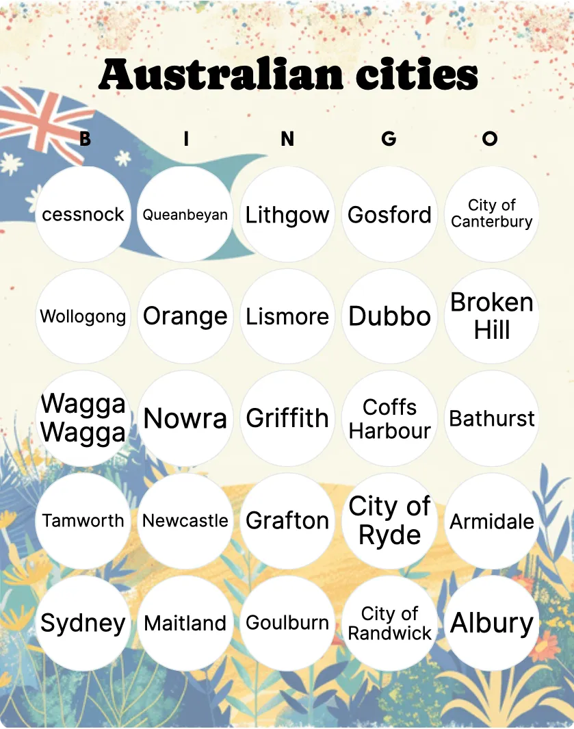 Australian cities bingo card template