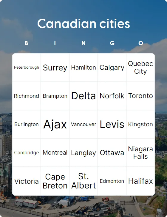 Canadian cities bingo card template