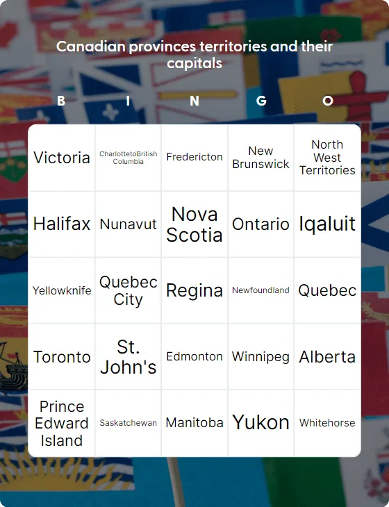 Canadian provinces territories and their capitals bingo card template