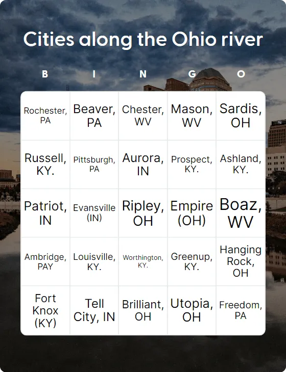 Cities along the Ohio river bingo