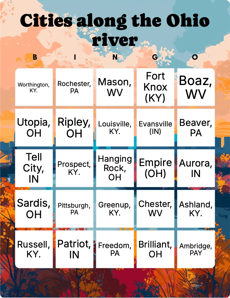 Cities along the Ohio river bingo card template