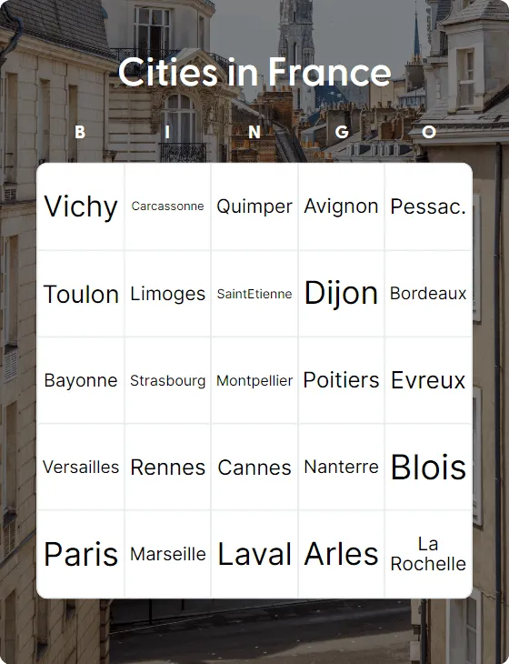 Cities in France bingo