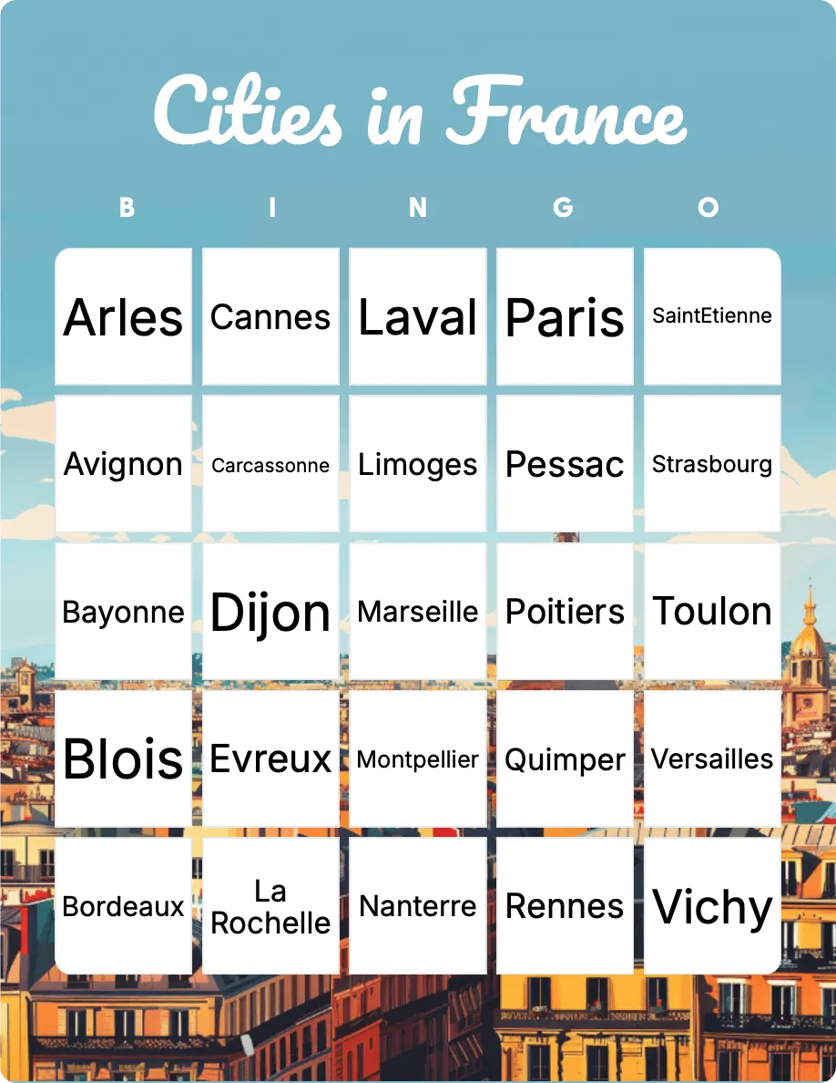 Cities in France bingo card template