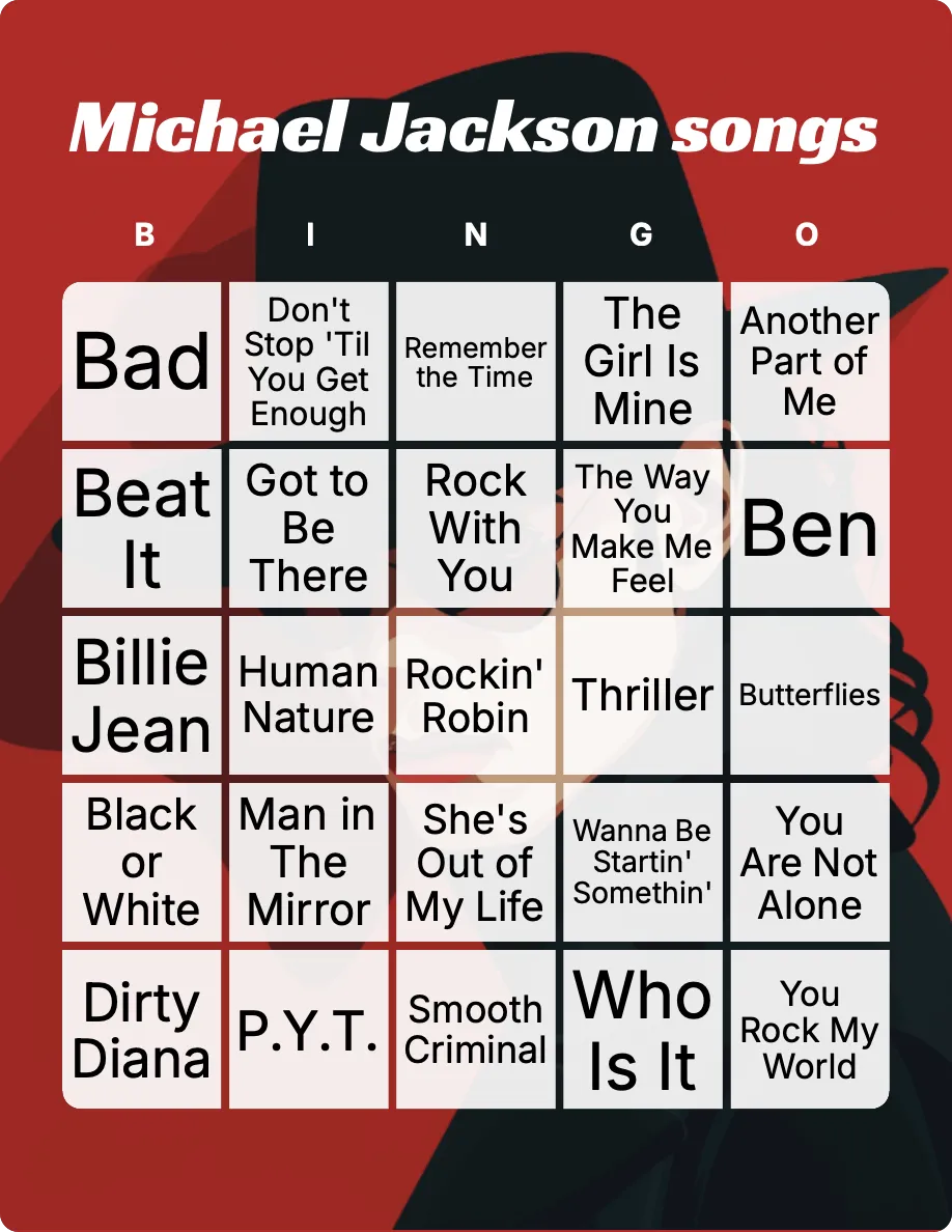 Michael Jackson songs bingo card template