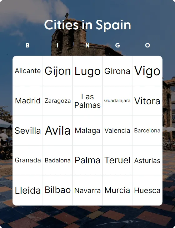 Cities in Spain bingo card template