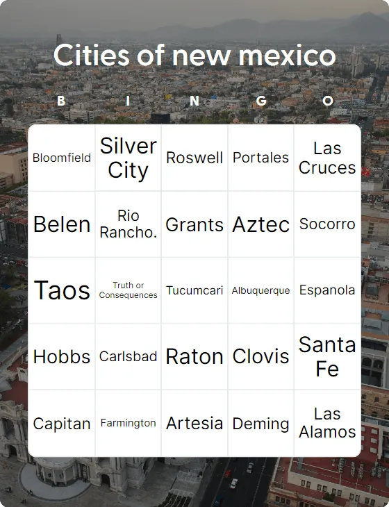 Cities of new mexico bingo card template