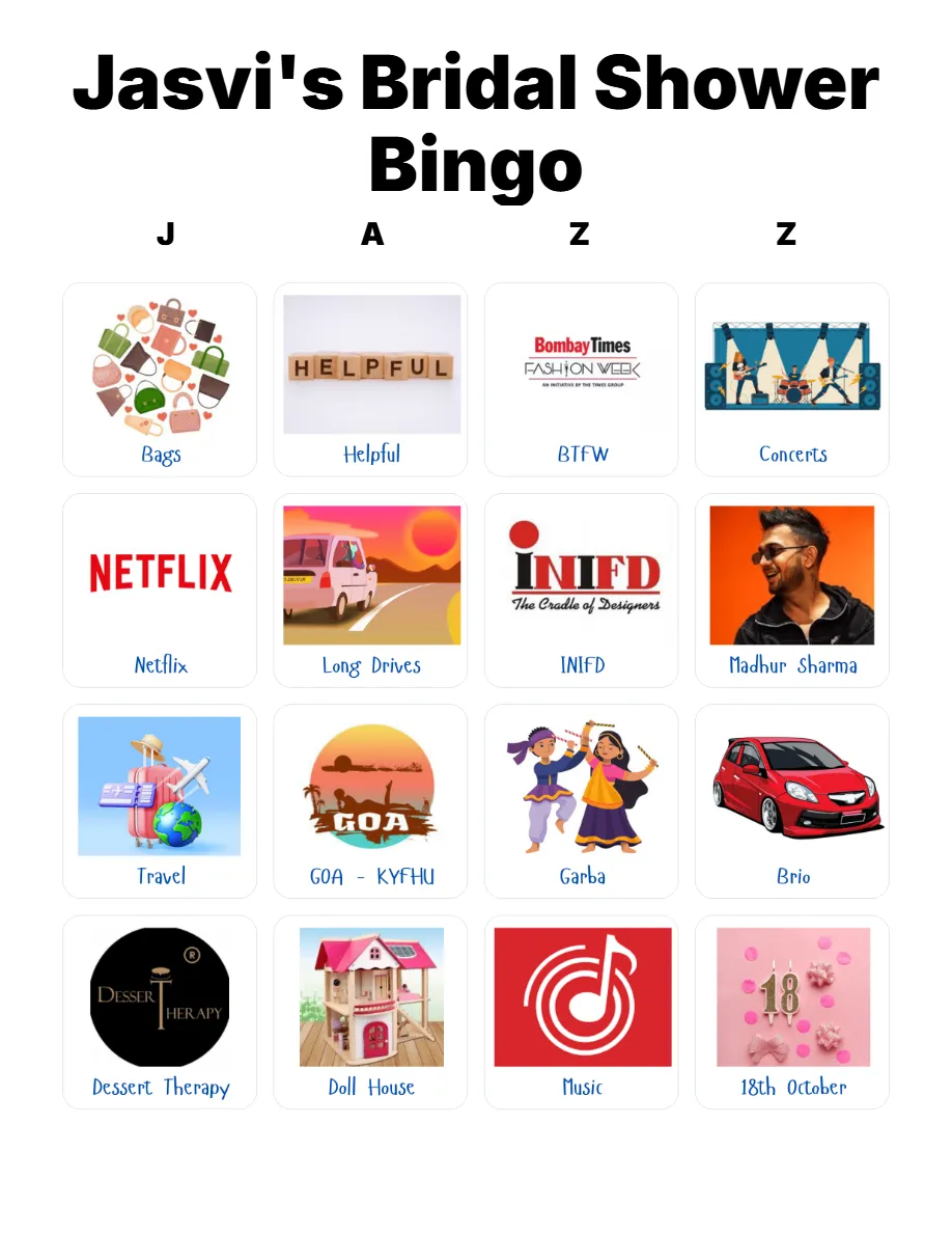 Jasvi's Bridal Shower Bingo
