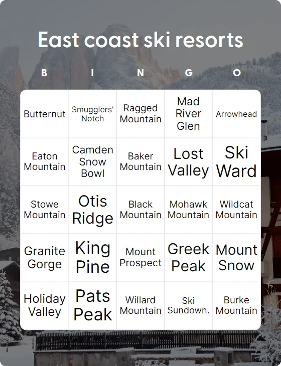 East coast ski resorts bingo
