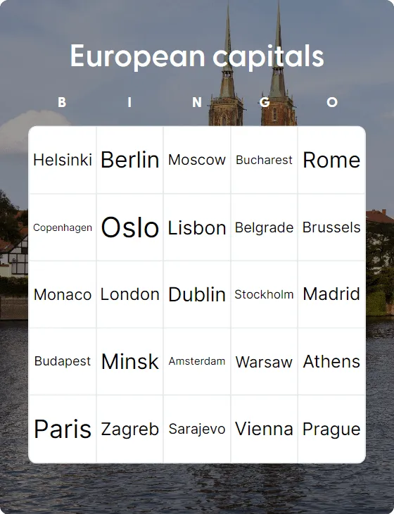 European capitals bingo