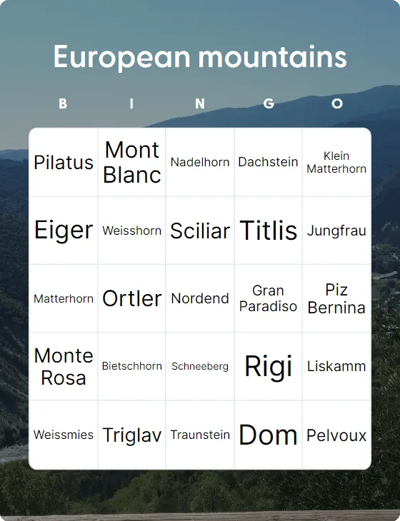 European mountains bingo card template