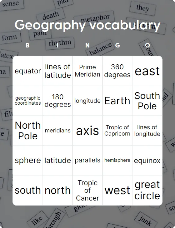 Geography vocabulary bingo