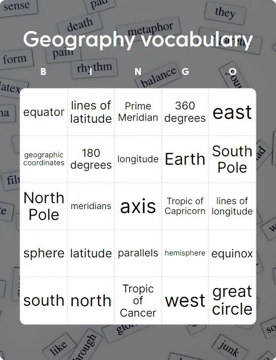 Geography vocabulary bingo card template