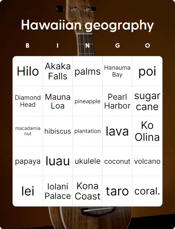 Hawaiian geography bingo card template