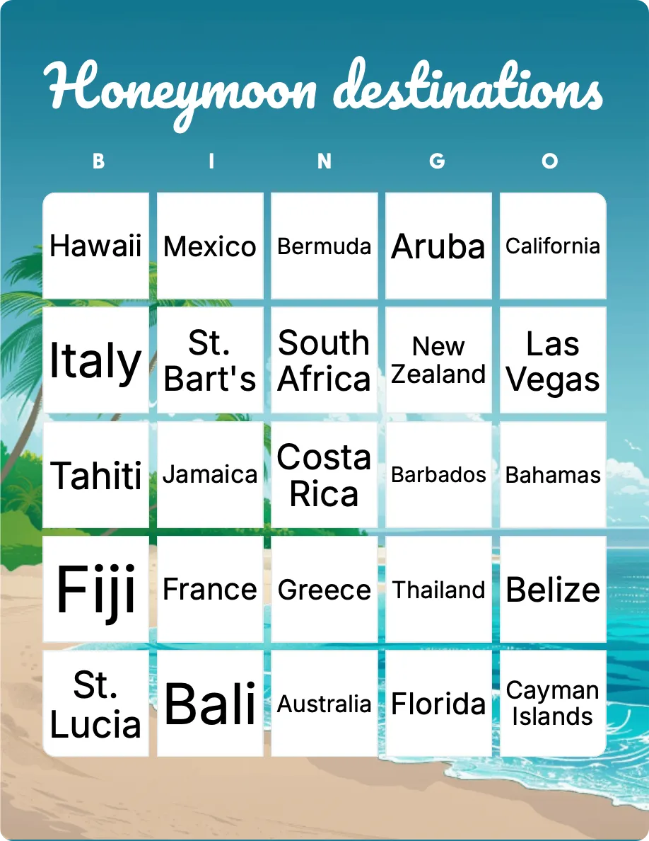 Honeymoon destinations bingo card template