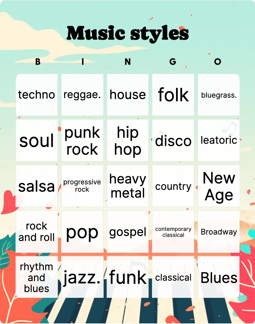 Music styles bingo card template