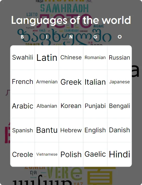 Languages of the world bingo
