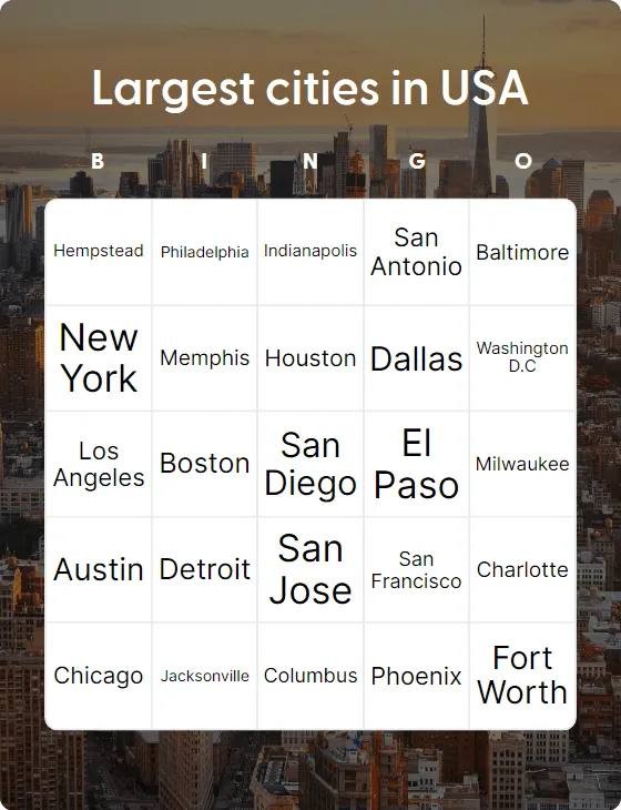 Largest cities in USA bingo