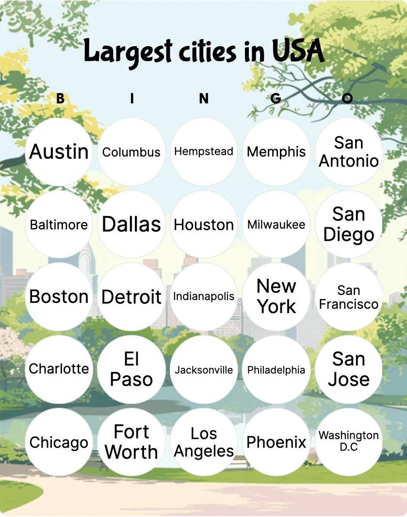 Largest cities in USA bingo card template