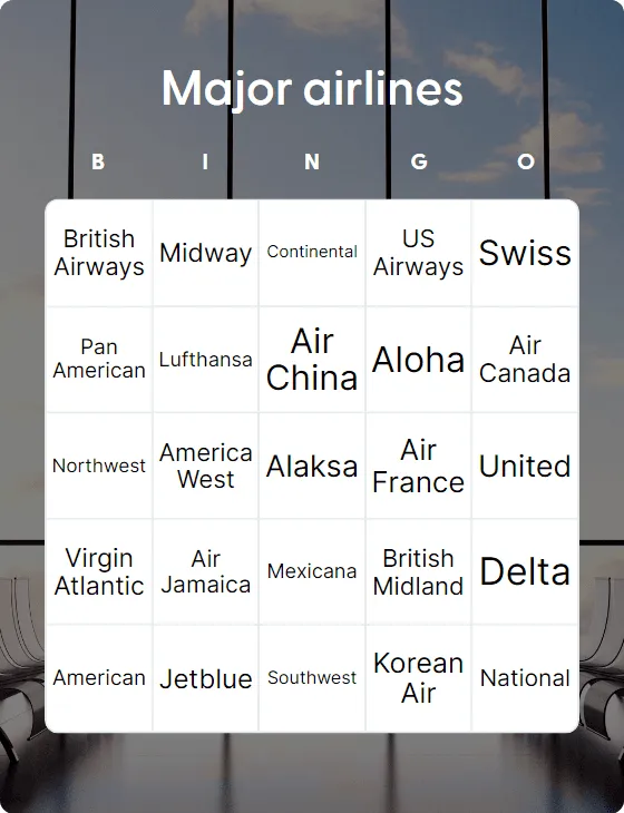 Major airlines bingo card template