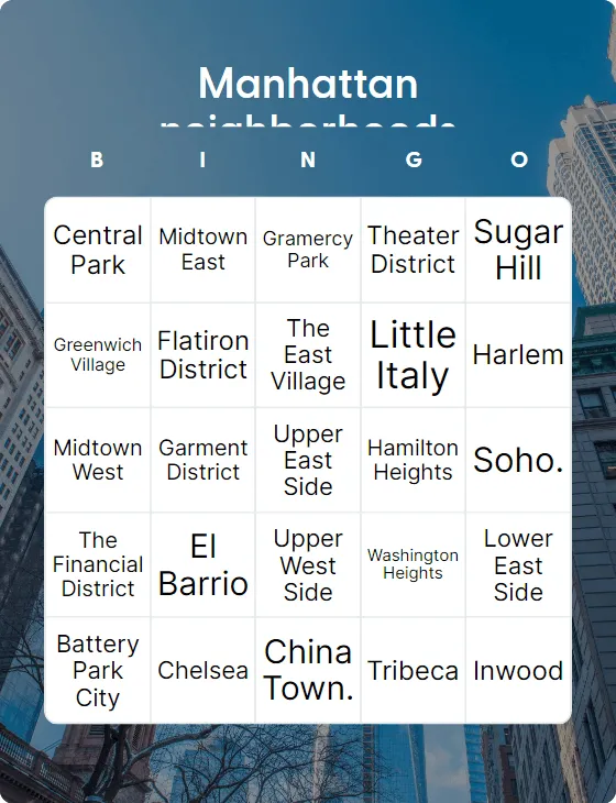 Manhattan neighborhoods bingo