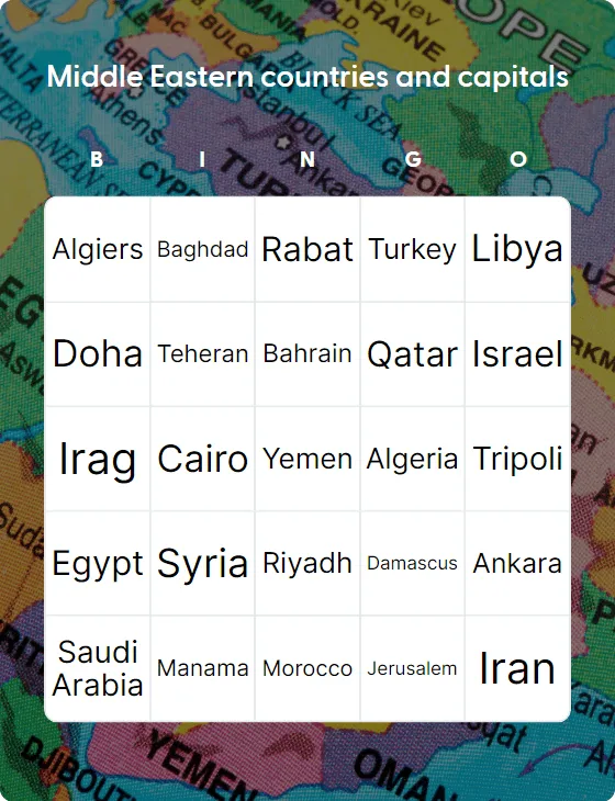 Middle Eastern countries and capitals bingo card template