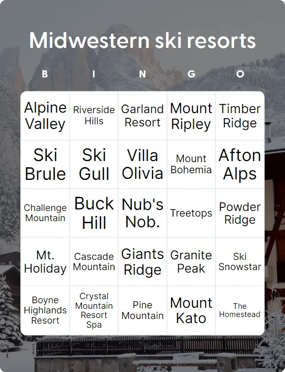 Midwestern ski resorts bingo card template