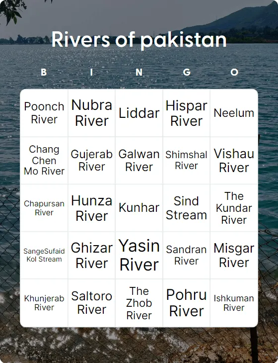 Rivers of pakistan bingo card template