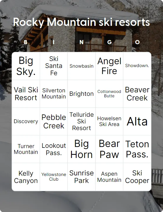 Rocky Mountain ski resorts bingo
