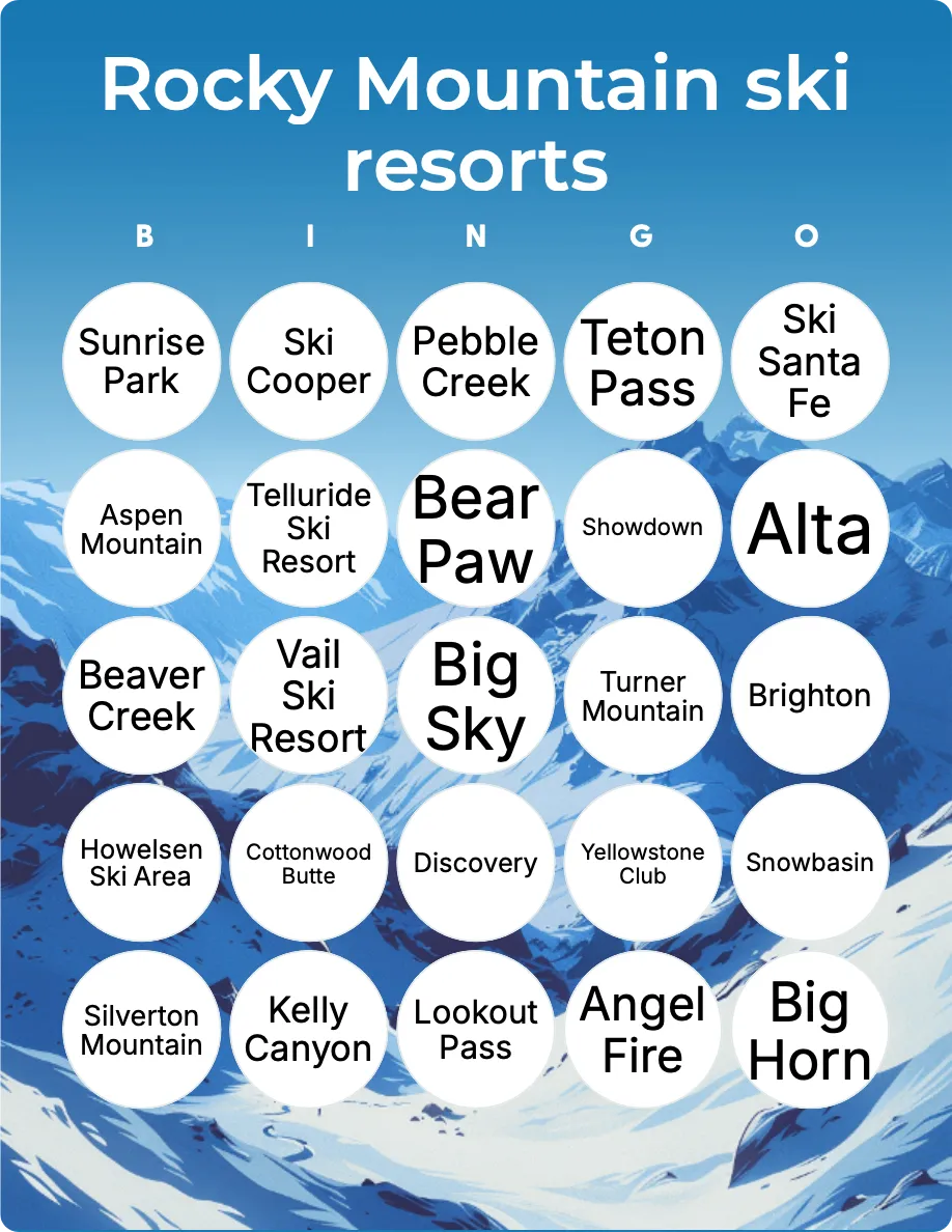 Rocky Mountain ski resorts bingo card template