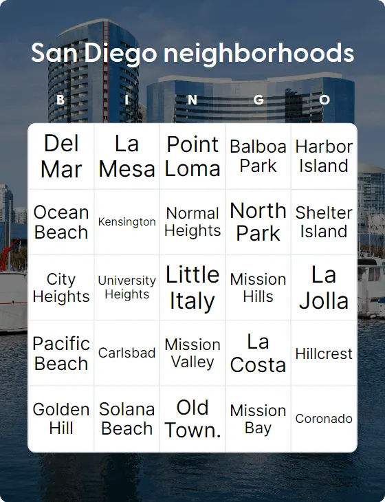 San Diego neighborhoods bingo