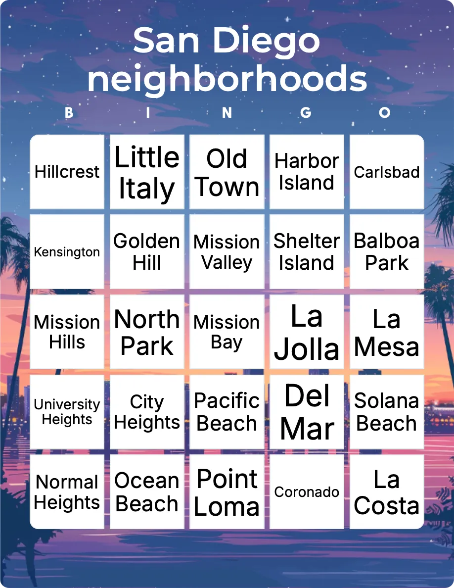 San Diego neighborhoods bingo card template