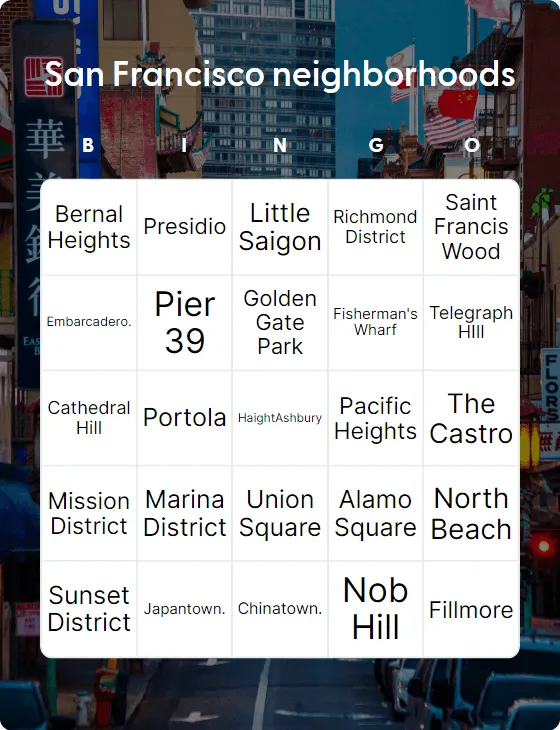 San Francisco neighborhoods bingo card template