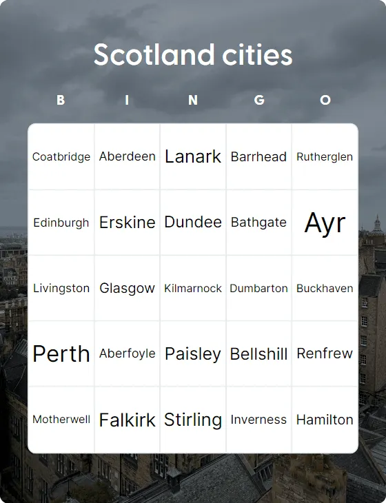 Scotland cities bingo