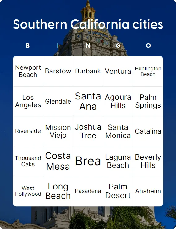 Southern California cities bingo