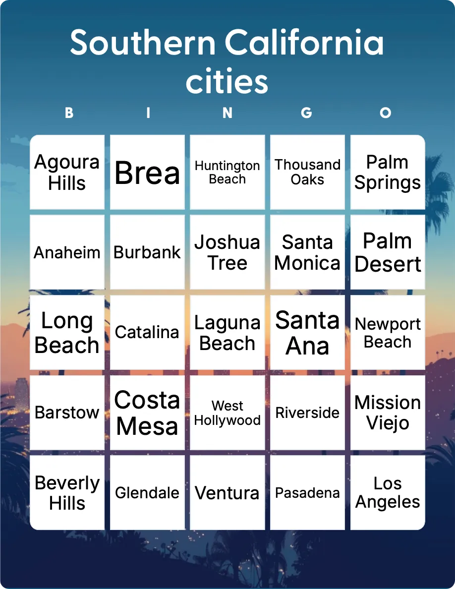 Southern California cities bingo card template