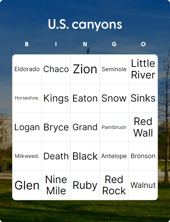 U.S. canyons bingo card template